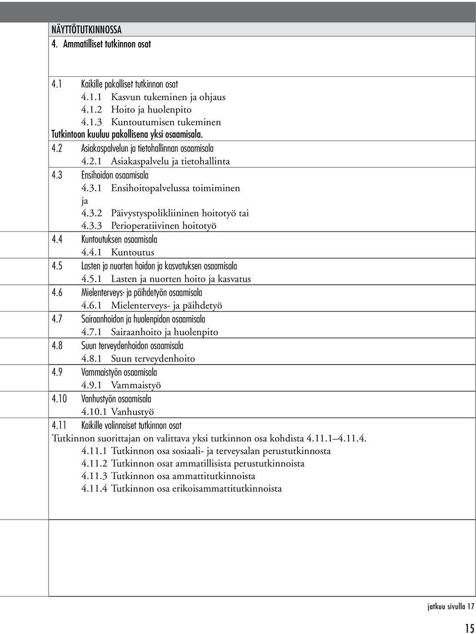 4 Kuntoutuksen osaamisala 4.4.1 Kuntoutus 4.5 Lasten ja nuorten hoidon ja kasvatuksen osaamisala 4.5.1 Lasten ja nuorten hoito ja kasvatus 4.6 Mielenterveys- ja päihdetyön osaamisala 4.6.1 Mielenterveys- ja päihdetyö 4.