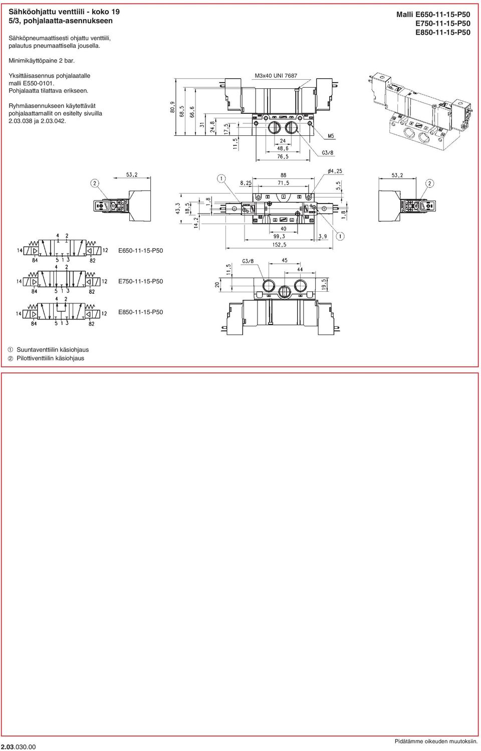 malli E550-0101. M3x40 UNI 7687 2.03.038 ja 2.03.042.