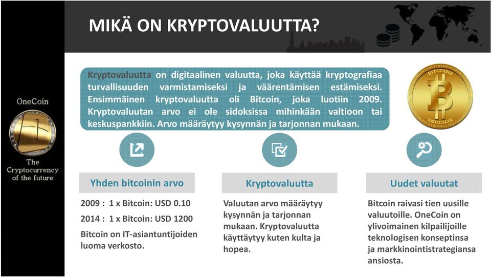 Yhden bitcoinin arvo 2009 : 1 x Bitcoin: USD 0.10 2014 : 1 x Bitcoin: USD 1200 Bitcoin on IT-asiantuntijoiden luoma verkosto.