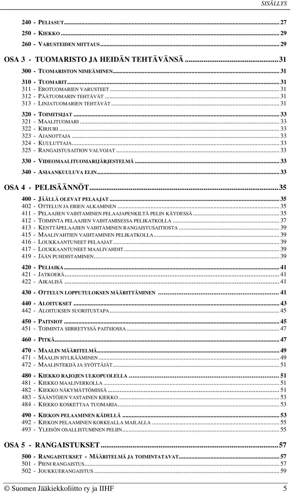 .. 33 324 - KUULUTTAJA... 33 325 - RANGAISTUSAITION VALVOJAT... 33 330 - VIDEOMAALITUOMARIJÄRJESTELMÄ... 33 340 - ASIAANKUULUVA ELIN... 33 OSA 4 - PELISÄÄNNÖT... 35 400 - JÄÄLLÄ OLEVAT PELAAJAT.