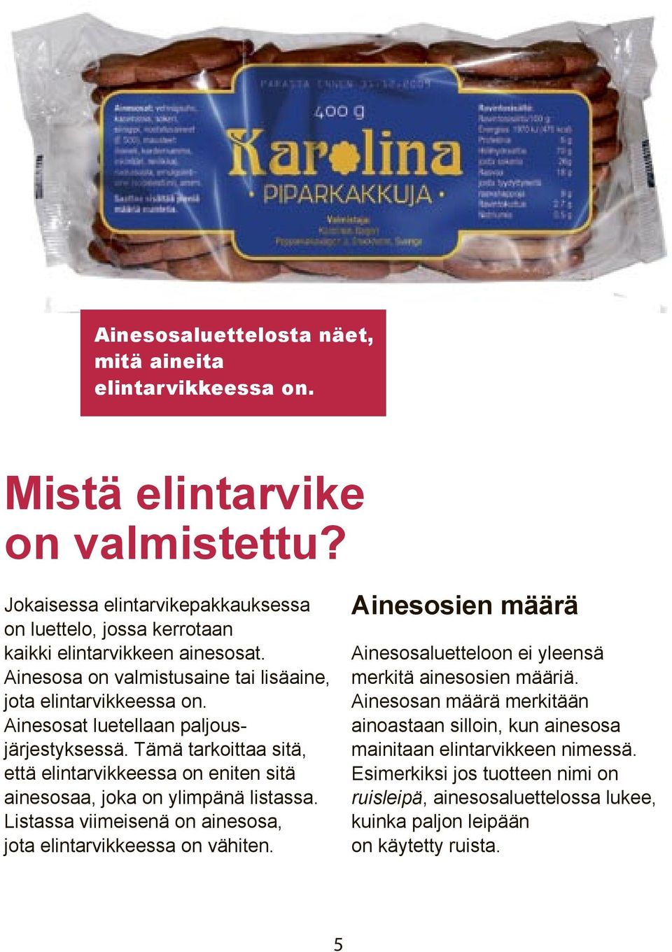 Ainesosat luetellaan paljousjärjestyksessä. Tämä tarkoittaa sitä, että elintarvikkeessa on eniten sitä ainesosaa, joka on ylimpänä listassa.