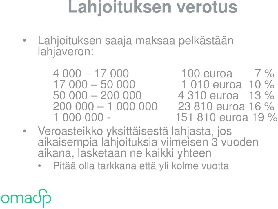 % 1 000 000-151 810 euroa 19 % Veroasteikko yksittäisestä lahjasta, jos aikaisempia lahjoituksia