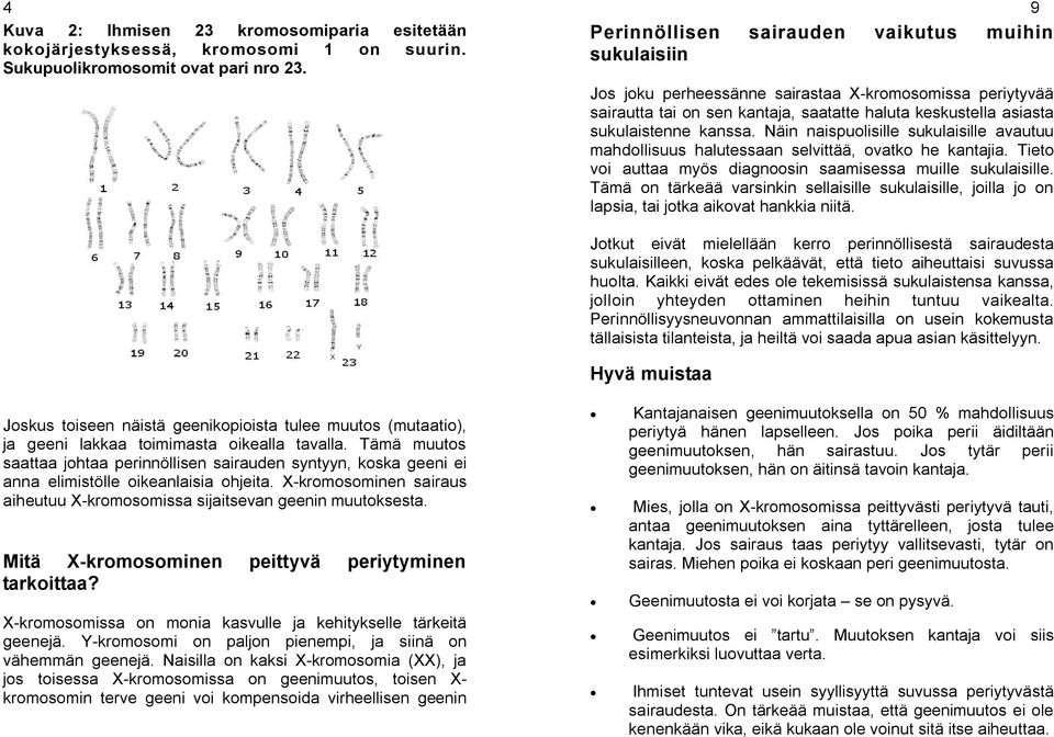 Näin naispuolisille sukulaisille avautuu mahdollisuus halutessaan selvittää, ovatko he kantajia. Tieto voi auttaa myös diagnoosin saamisessa muille sukulaisille.