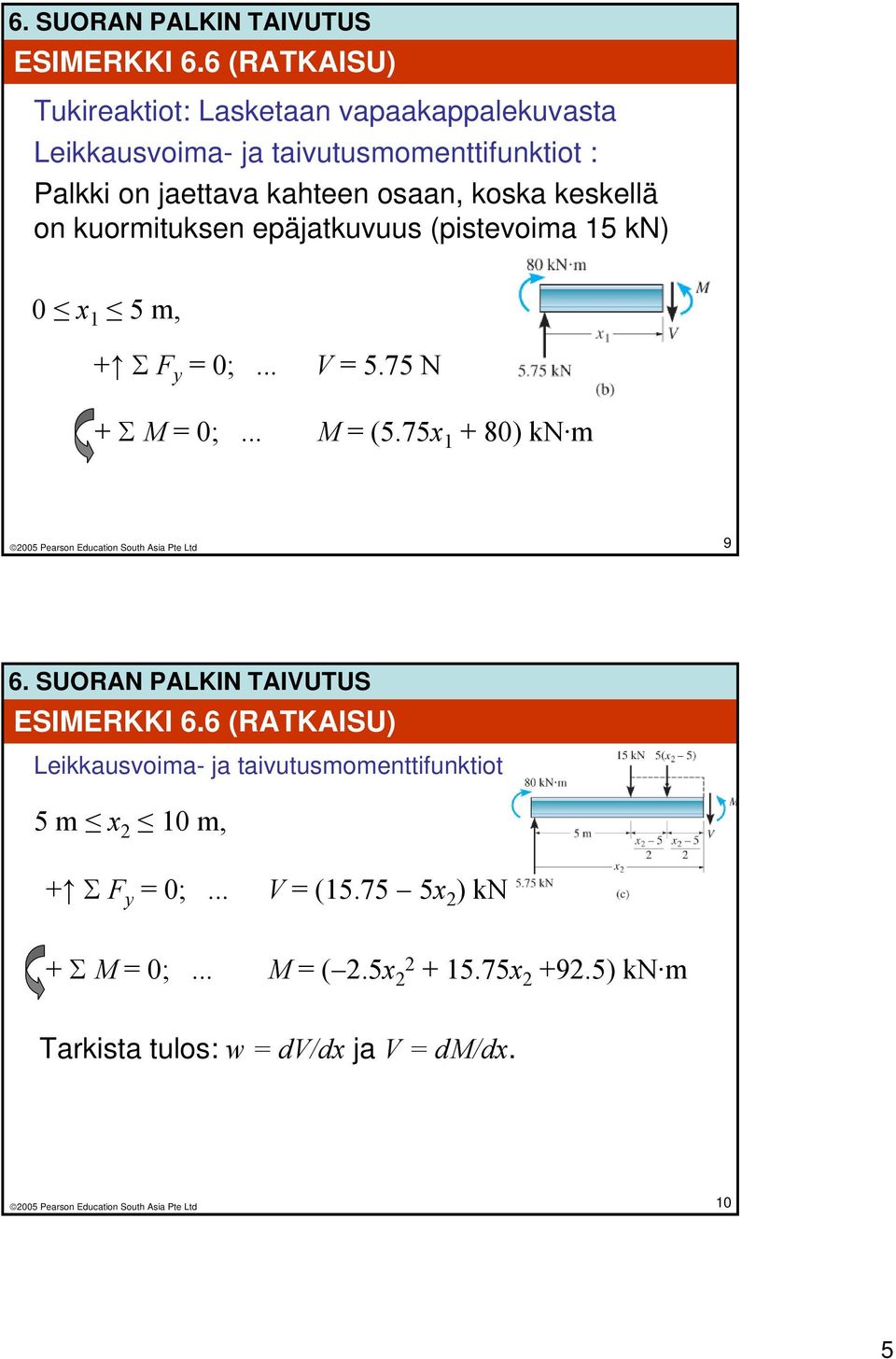 kahteen osaan, koska keskellä on kuormituksen epäjatkuvuus (pistevoima 15 kn) 0 x 1 5 m, + Σ F y = 0;... V = 5.