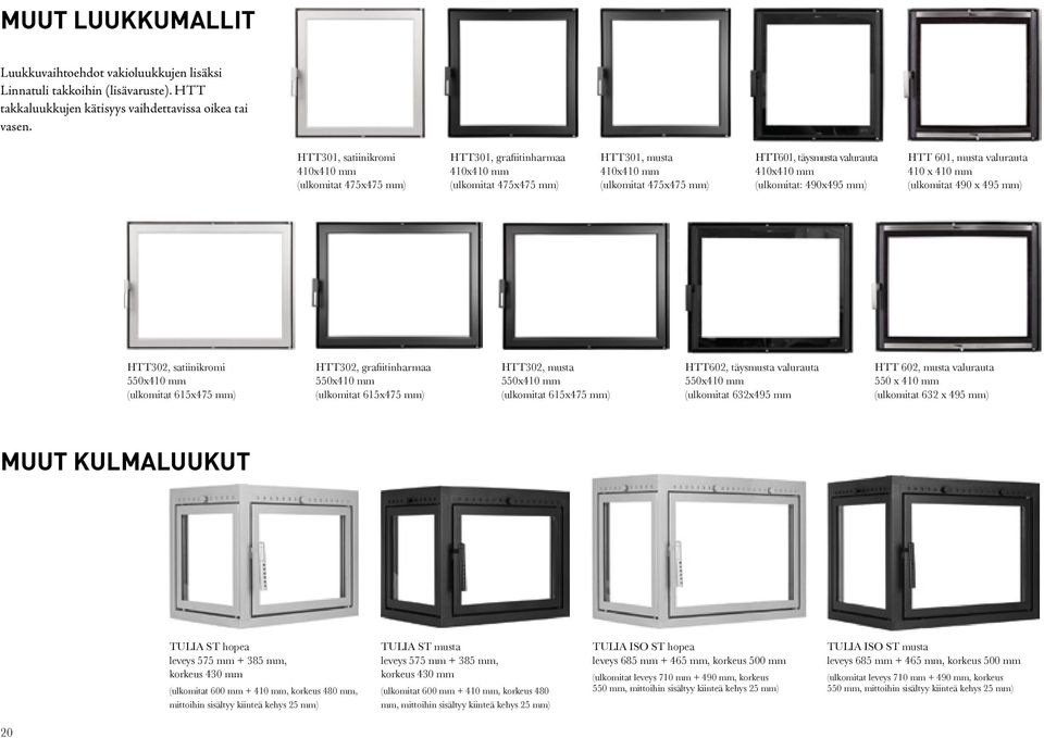 (ulkomitat: 490x495 mm) HTT 601, musta valurauta 410 x 410 mm (ulkomitat 490 x 495 mm) HTT302, satiinikromi 550x410 mm (ulkomitat 615x475 mm) HTT302, grafiitinharmaa 550x410 mm (ulkomitat 615x475 mm)