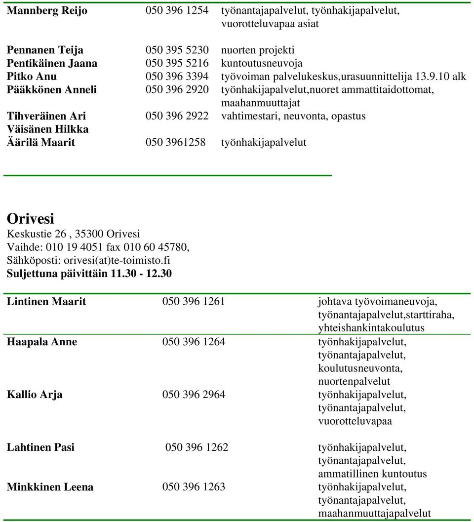 10 alk Pääkkönen Anneli 050 396 2920 työnhakijapalvelut,nuoret ammattitaidottomat, maahanmuuttajat Tihveräinen Ari 050 396 2922 vahtimestari, neuvonta, opastus Väisänen Hilkka Äärilä Maarit 050