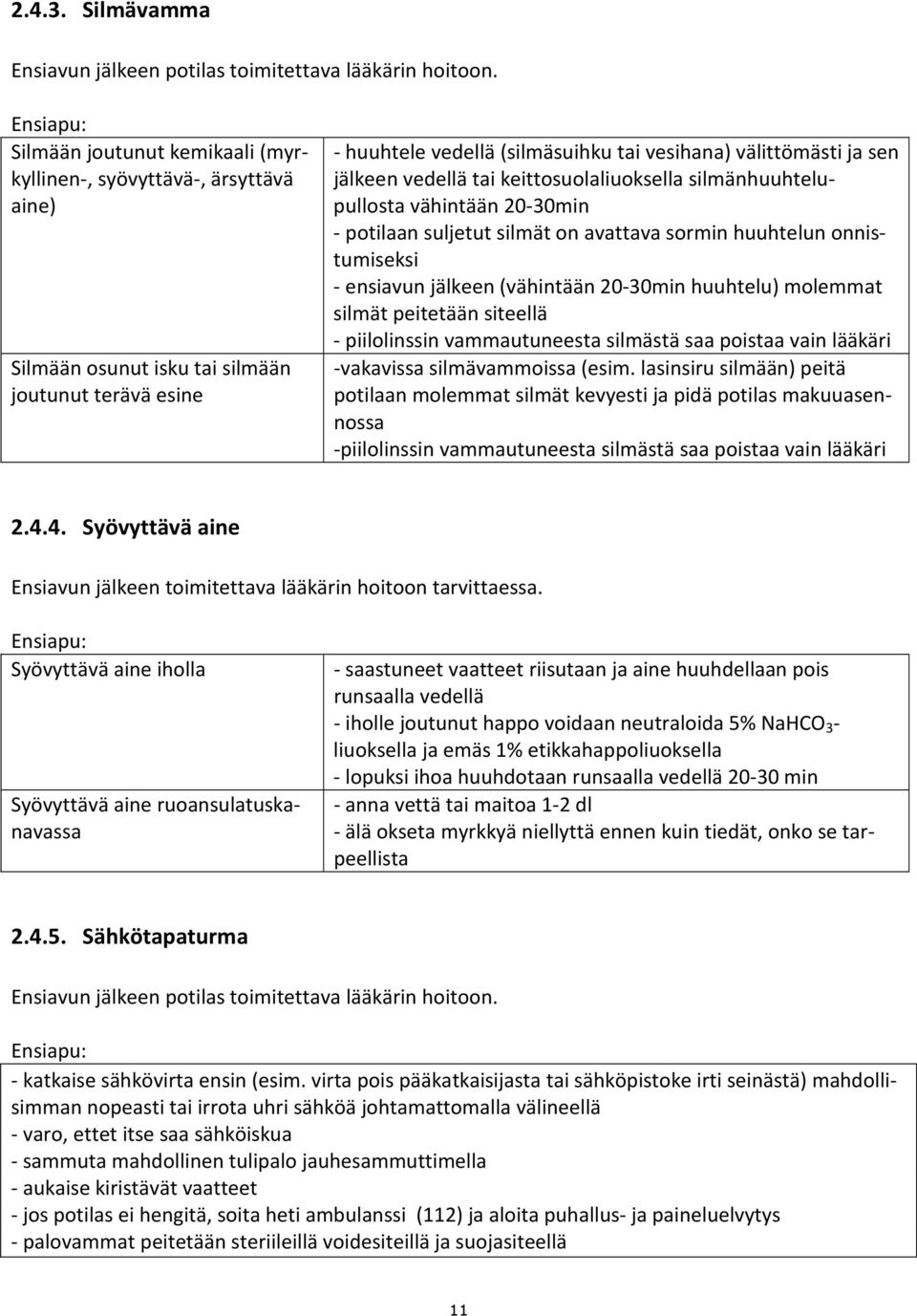 jälkeen vedellä tai keittosuolaliuoksella silmänhuuhtelupullosta vähintään 20-30min - potilaan suljetut silmät on avattava sormin huuhtelun onnistumiseksi - ensiavun jälkeen (vähintään 20-30min