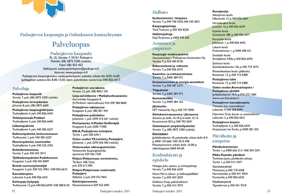 040 585 6229 Nuorisopalvelut, nuorisotilat Tuulimyllyntie 4, puh. 040 526 2765 Kehittämistoiminta Varsitie 7, puh. 050 455 2915 Työllistämispalvelut Pudisfoorumi Kauppatie 3, puh.