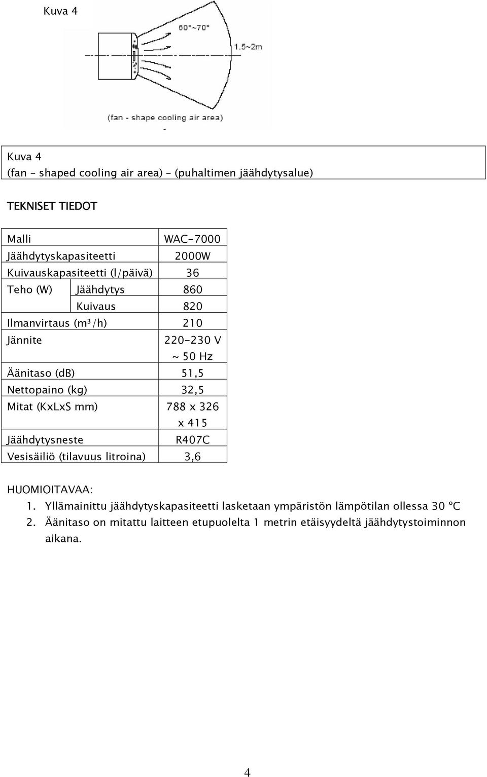 Nettopaino (kg) 32,5 Mitat (KxLxS mm) 788 x 326 x 415 Jäähdytysneste R407C Vesisäiliö (tilavuus litroina) 3,6 HUOMIOITAVAA: 1.