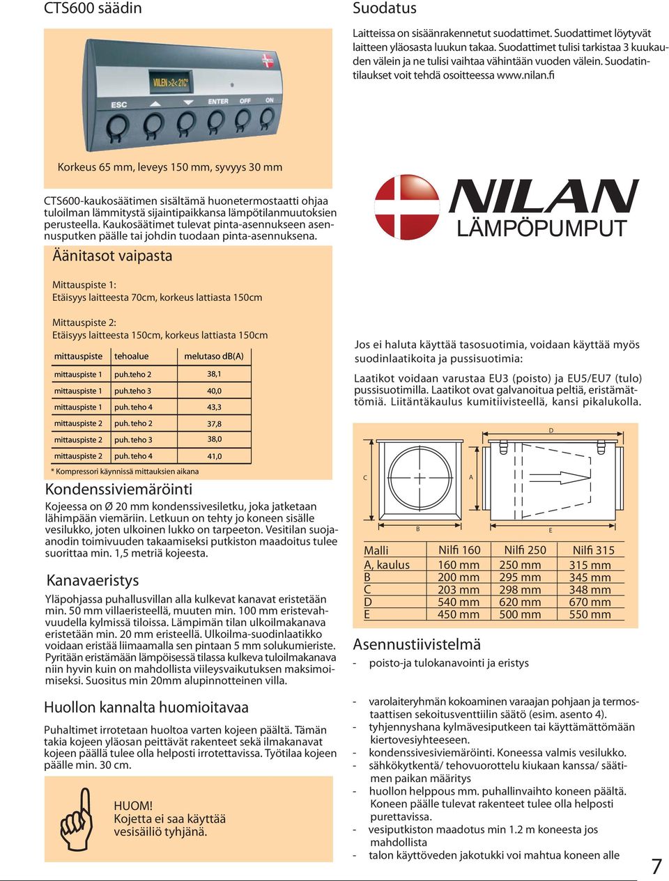 fi Korkeus 65 mm, leveys 150 mm, syvyys 30 mm CTS600-kaukosäätimen sisältämä huonetermostaatti ohjaa tuloilman lämmitystä sijaintipaikkansa lämpötilanmuutoksien perusteella.