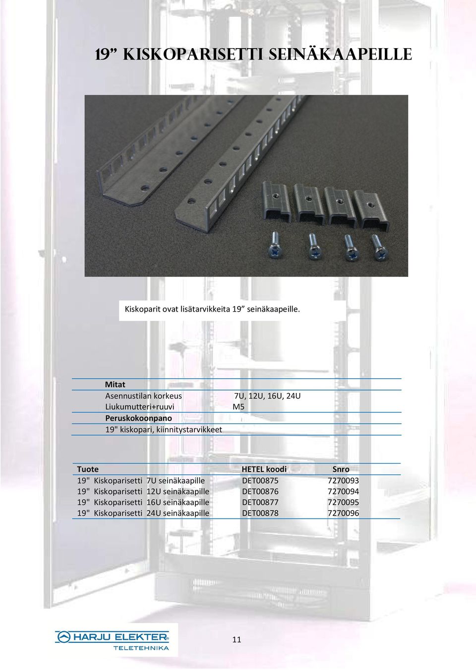 HETEL koodi Snro 19" Kiskoparisetti 7U seinäkaapille DET00875 7270093 19" Kiskoparisetti 12U