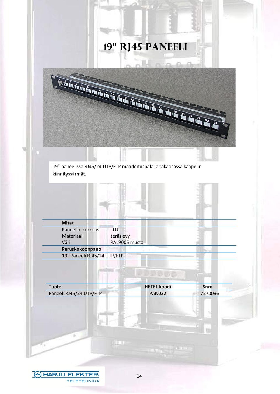 Paneelin korkeus 1U Materiaali teräslevy Väri RAL9005 musta 19"