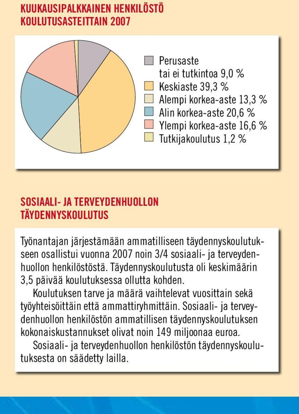 henkilöstöstä. Täydennyskoulutusta oli keskimäärin 3,5 päivää koulutuksessa ollutta kohden. Koulutuksen tarve ja määrä vaihtelevat vuosittain sekä työyhteisöittäin että ammattiryhmittäin.