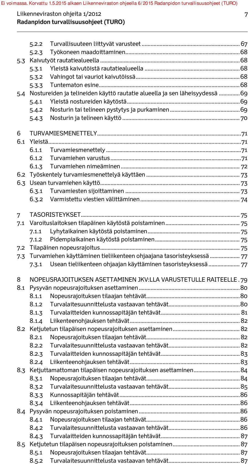 .. 69 5.4.2 Nosturin tai telineen pystytys ja purkaminen... 69 5.4.3 Nosturin ja telineen käyttö... 70 6 TURVAMIESMENETTELY... 71 6.1 Yleistä... 71 6.1.1 Turvamiesmenettely... 71 6.1.2 Turvamiehen varustus.