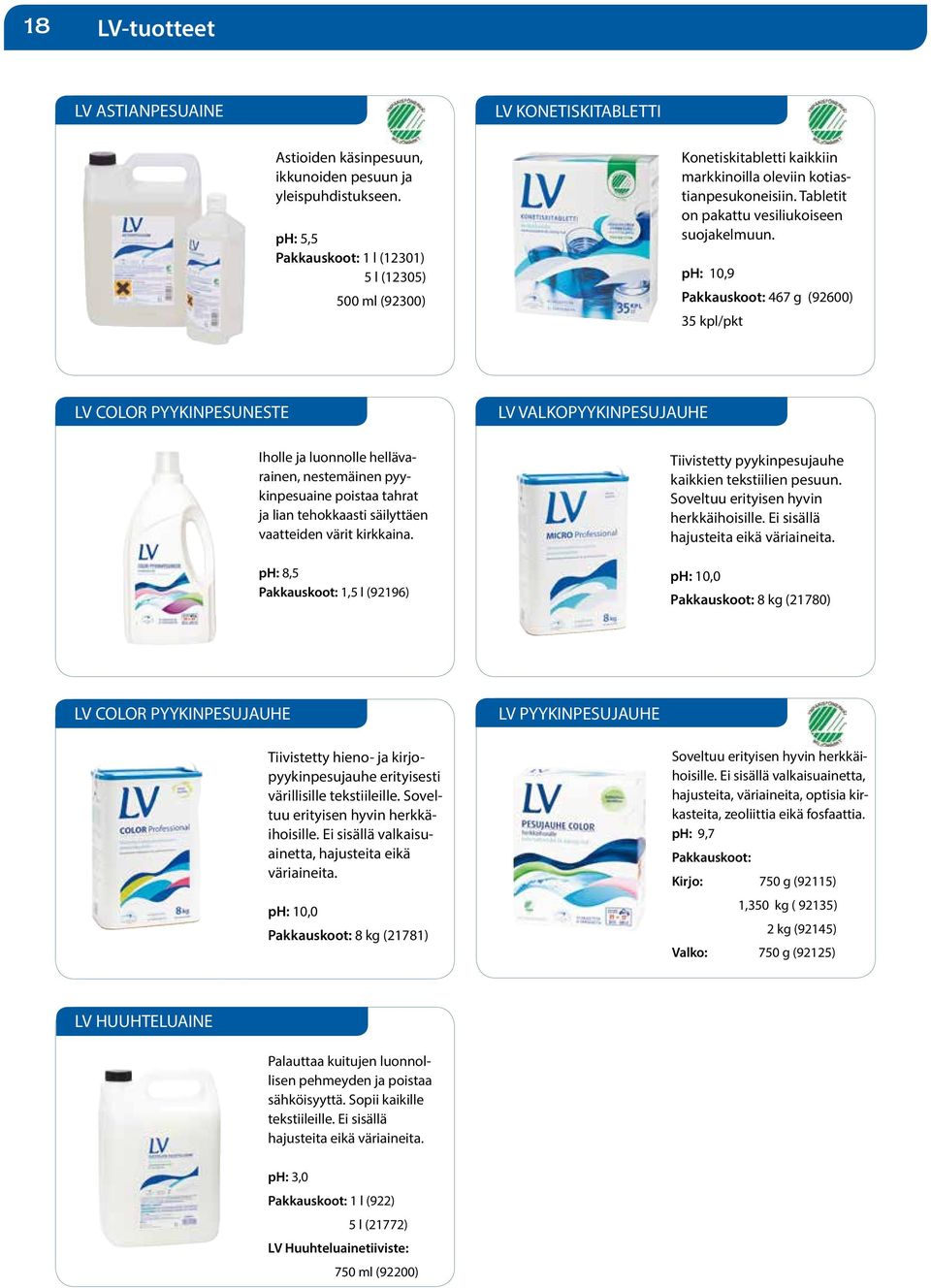 ph: 10,9 Pakkauskoot: 467 g (92600) 35 kpl/pkt LV COLOR PYYKINPESUNESTE LV VALKOPYYKINPESUJAUHE Iholle ja luonnolle hellävarainen, nestemäinen pyykinpesuaine poistaa tahrat ja lian tehokkaasti