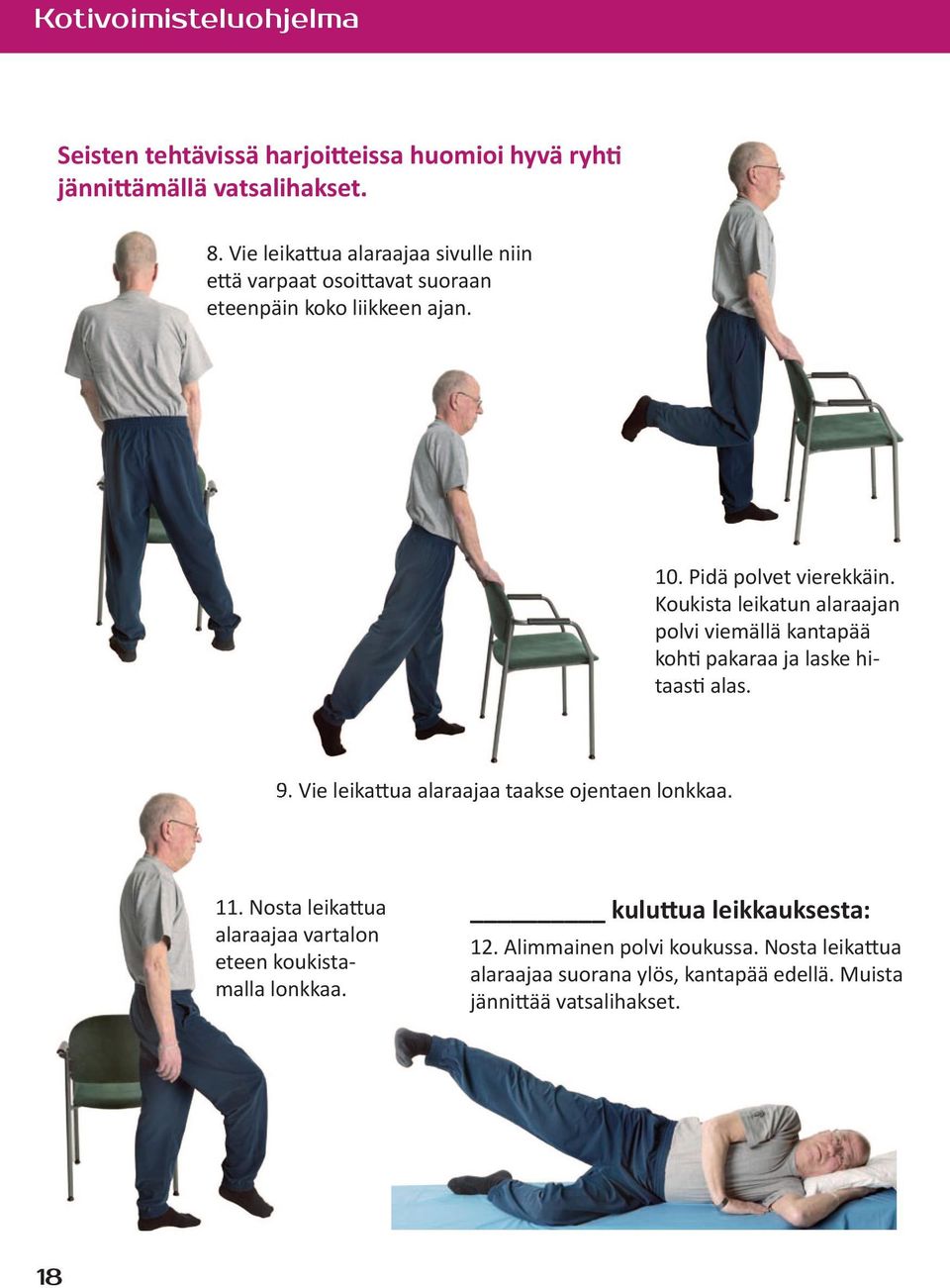 harjoitteissa huomioi hyvä ryhti Seisten tehtävissä harjoitteissa huomioi hyvä ryhti jännittämällä vatsalihakset. 8. Vie leikattua alaraajaa jännittämällä vatsalihakset. sivulle niin että varpaat 8.