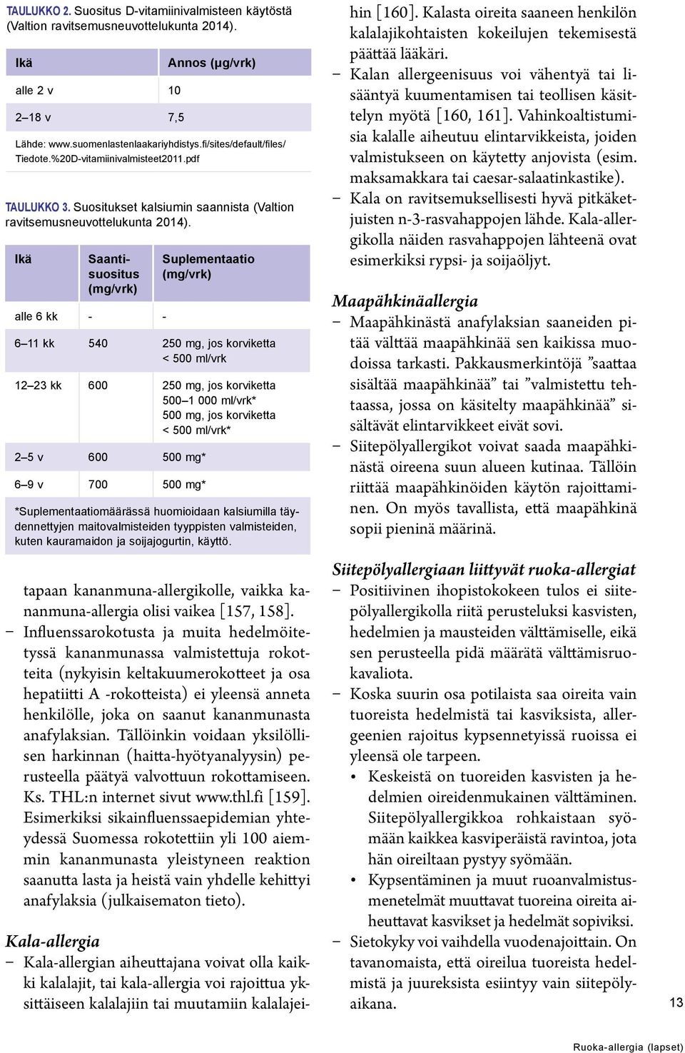 Ikä Saantisuositus (mg/vrk) alle 6 kk - - Suplementaatio (mg/vrk) 6 11 kk 540 250 mg, jos korviketta < 500 ml/vrk 12 23 kk 600 250 mg, jos korviketta 500 1 000 ml/vrk* 500 mg, jos korviketta < 500