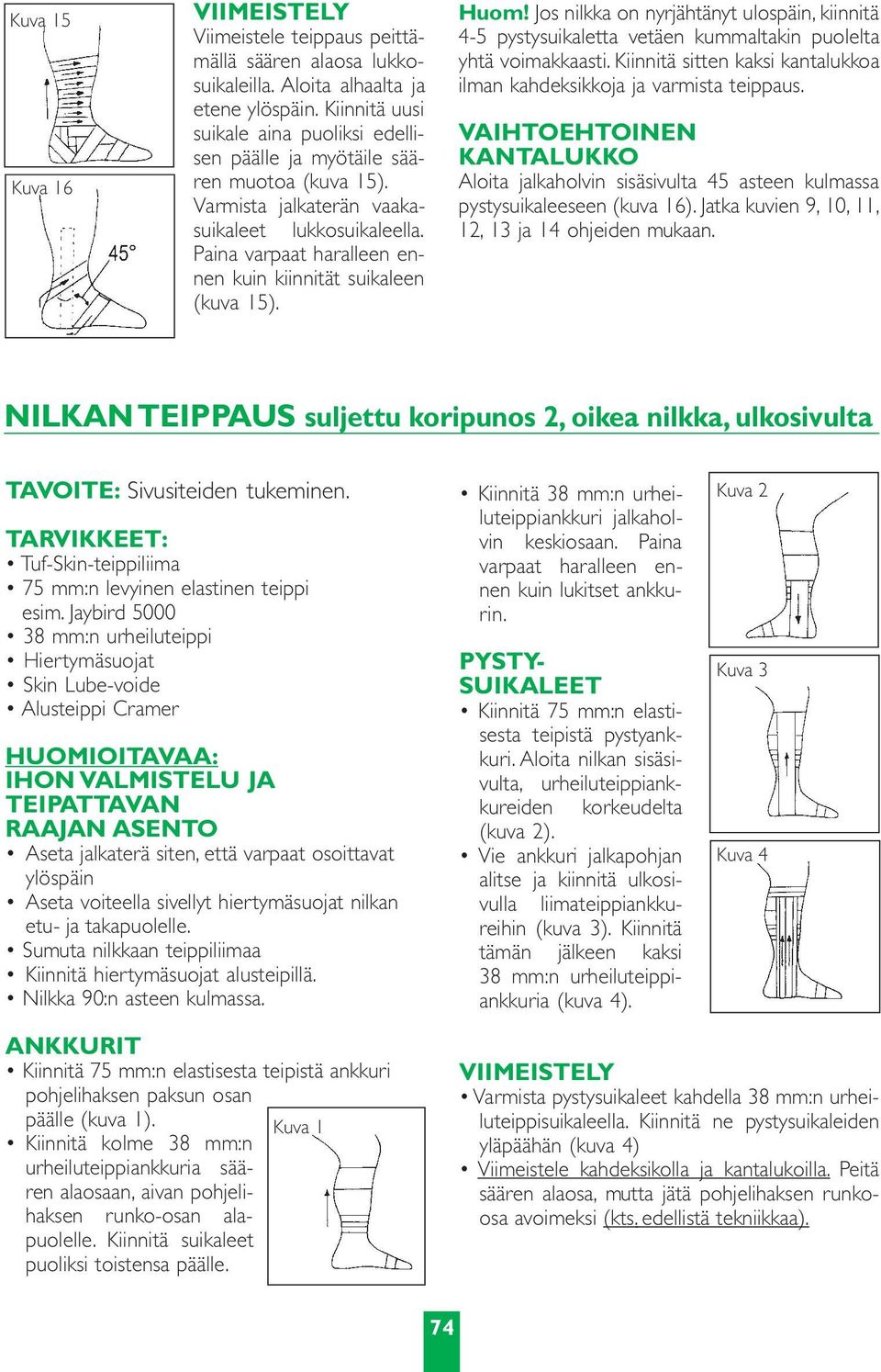 Paina varpaat haralleen ennen kuin kiinnität suikaleen (kuva 15). Huom! Jos nilkka on nyrjähtänyt ulospäin, kiinnitä 4-5 pystysuikaletta vetäen kummaltakin puolelta yhtä voimakkaasti.