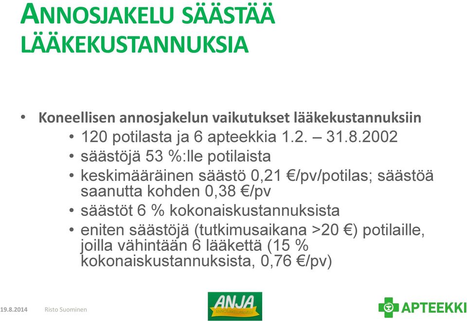 2002 säästöjä 53 %:lle potilaista keskimääräinen säästö 0,21 /pv/potilas; säästöä saanutta kohden 0,38