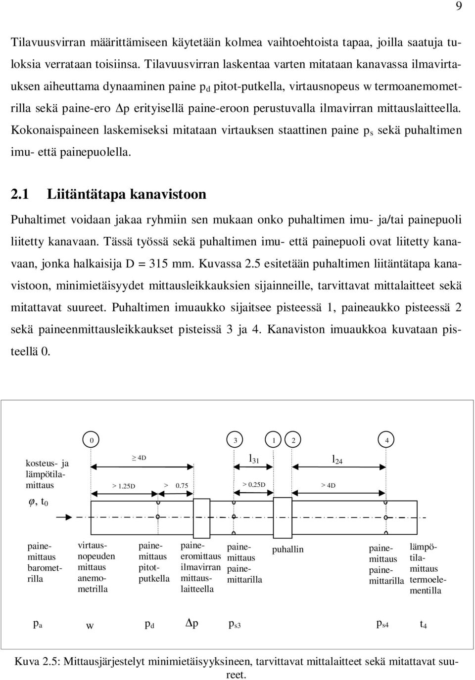 perustuvalla ilmavirran mittauslaitteella. Kokonaispaineen laskemiseksi mitataan virtauksen staattinen paine p s sekä puhaltimen imu- että painepuolella.