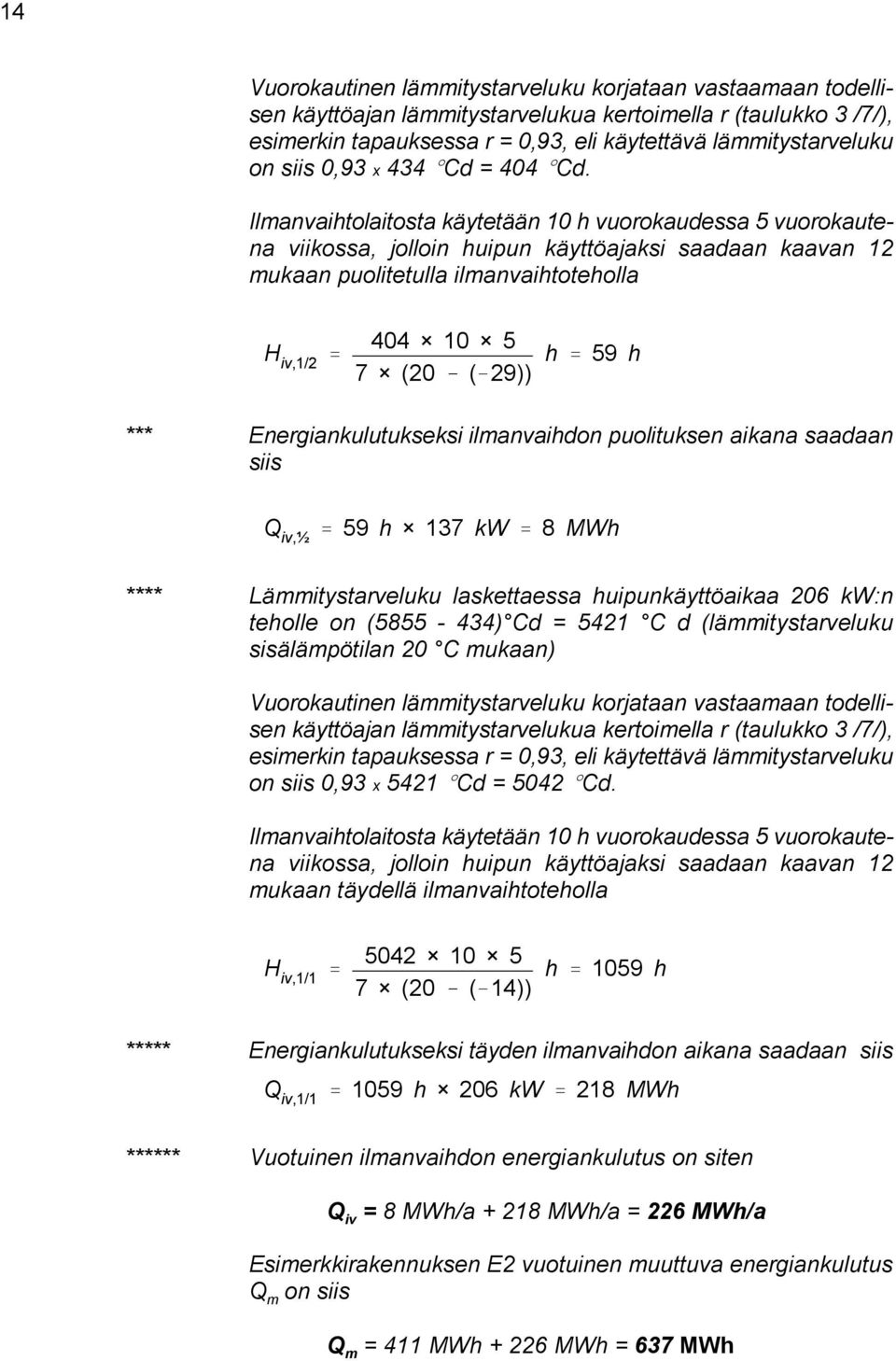 Ilmanvaihtolaitosta käytetään 10 h vuorokaudessa 5 vuorokautena viikossa, jolloin huipun käyttöajaksi saadaan kaavan 12 mukaan puolitetulla ilmanvaihtoteholla H iv,1/2 404 10 5 7 (20 ( 29)) h 59 h