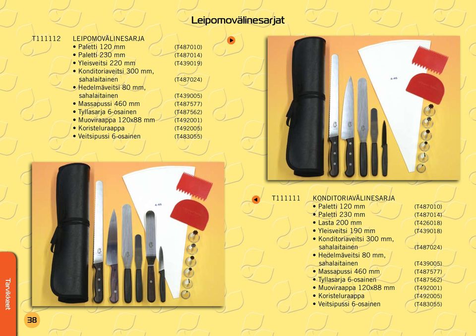 Leipomovälinesarjat T111111 KONDITORIAVÄLINESARJA Paletti 120 mm Paletti 230 mm Lasta 200 mm Yleisveitsi 190 mm Konditoriaveitsi 300 mm, sahalaitainen Hedelmäveitsi 80 mm, sahalaitainen