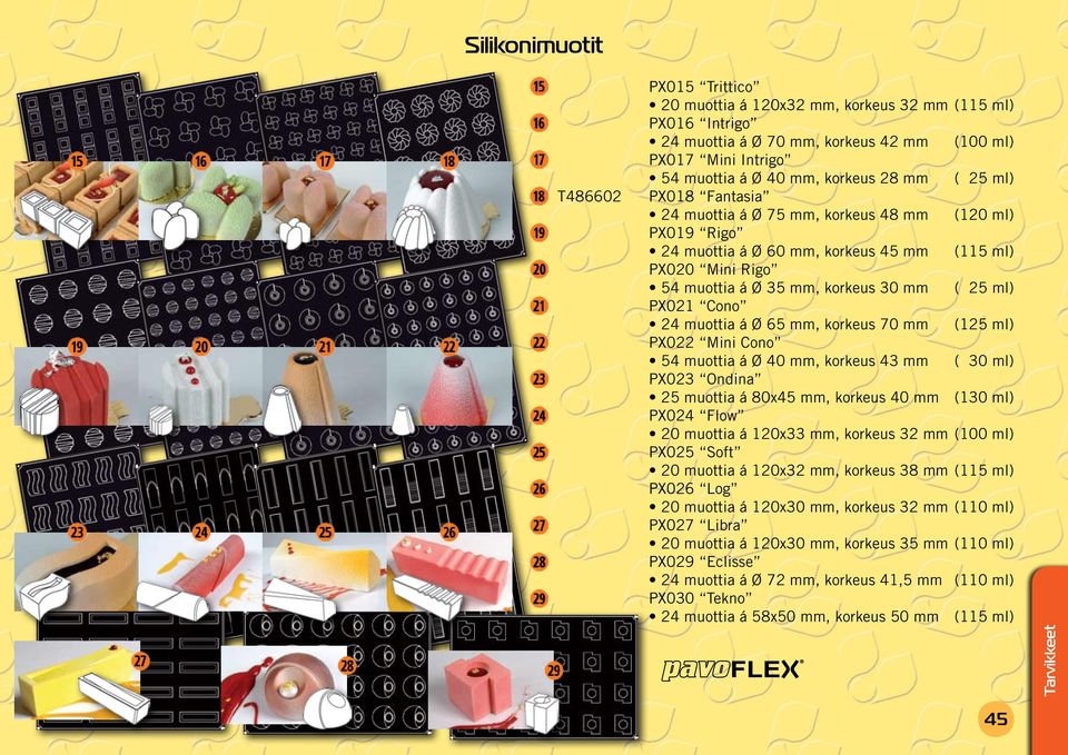 muottia á Ø 65 mm, korkeus 70 mm (125 ml) PX022 Mini Cono 54 muottia á Ø 40 mm, korkeus 43 mm ( 30 ml) PX023 Ondina 25 muottia á 80x45 mm, korkeus 40 mm (130 ml) PX024 Flow 20 muottia á 120x33 mm,