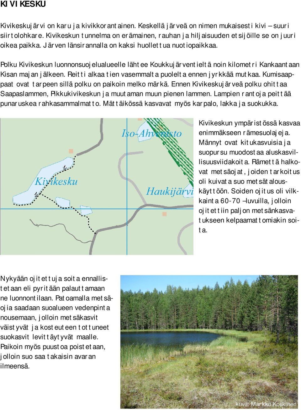 Polku Kivikeskun luonnonsuojelualueelle lähtee Koukkujärventieltä noin kilometri Kankaantaan Kisan majan jälkeen. Reitti alkaa tien vasemmalta puolelta ennen jyrkkää mutkaa.