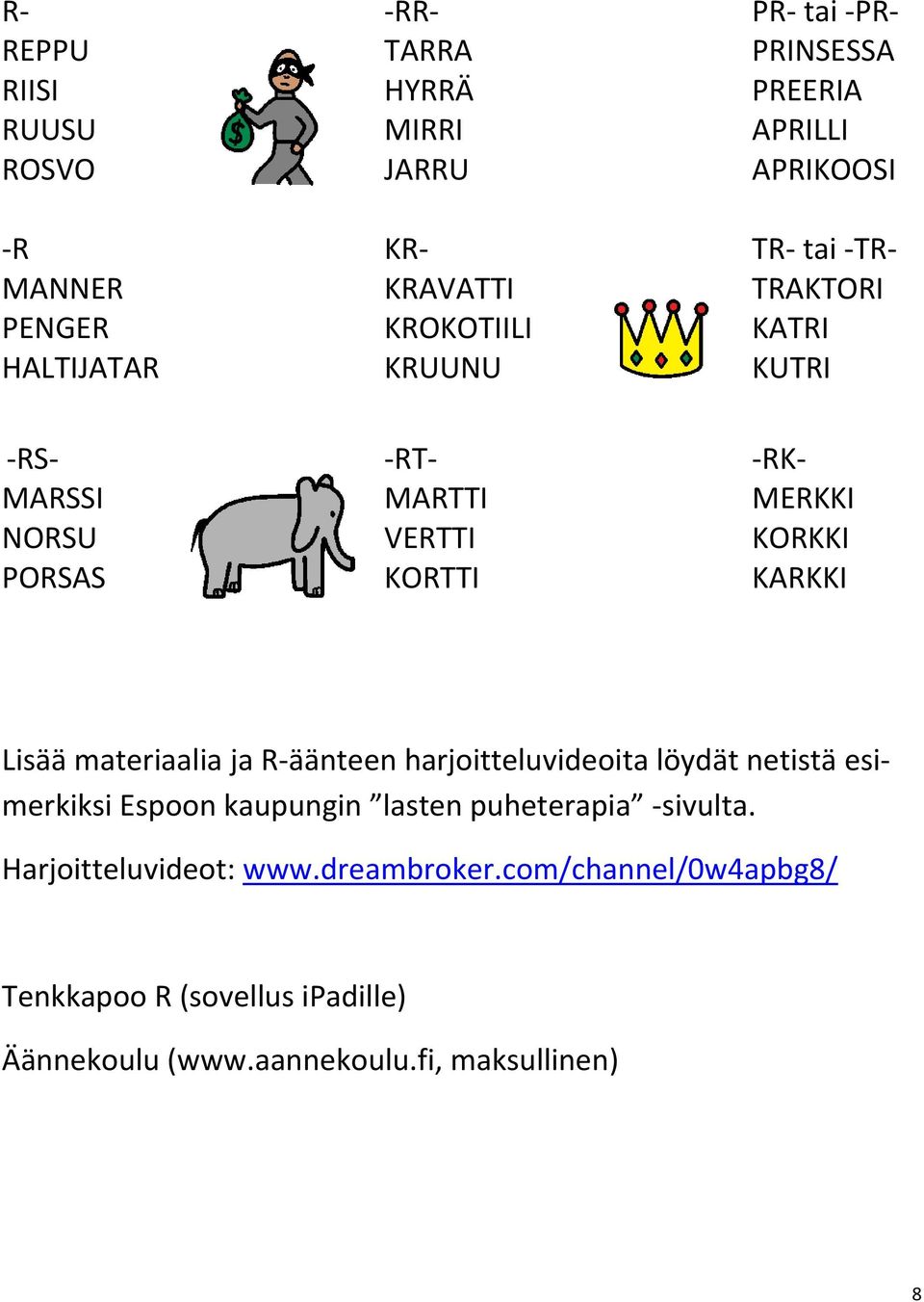 KORKKI KARKKI Lisää materiaalia ja R-äänteen harjoitteluvideoita löydät netistä esimerkiksi Espoon kaupungin lasten puheterapia