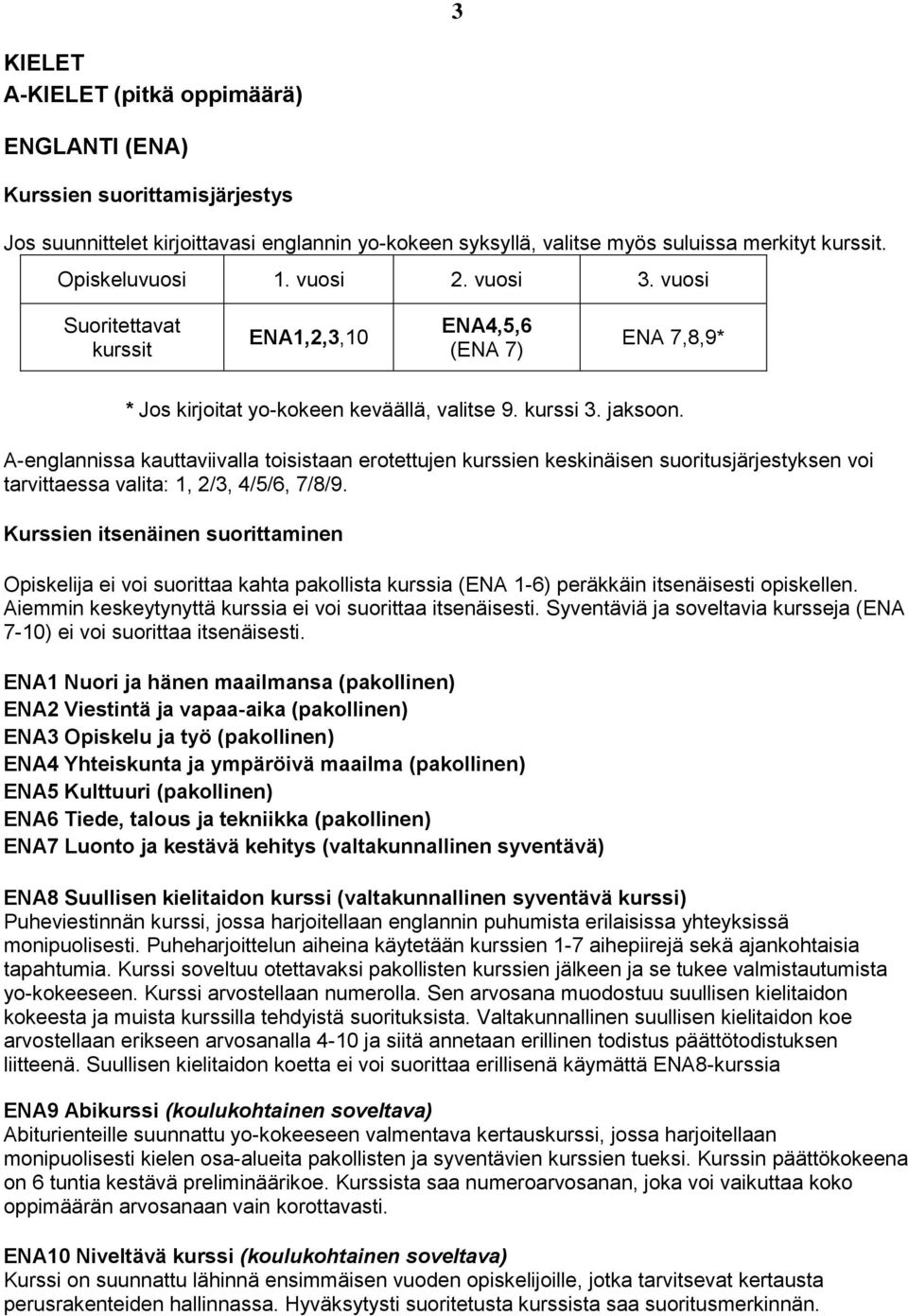 A-englannissa kauttaviivalla toisistaan erotettujen kurssien keskinäisen suoritusjärjestyksen voi tarvittaessa valita: 1, 2/3, 4/5/6, 7/8/9.