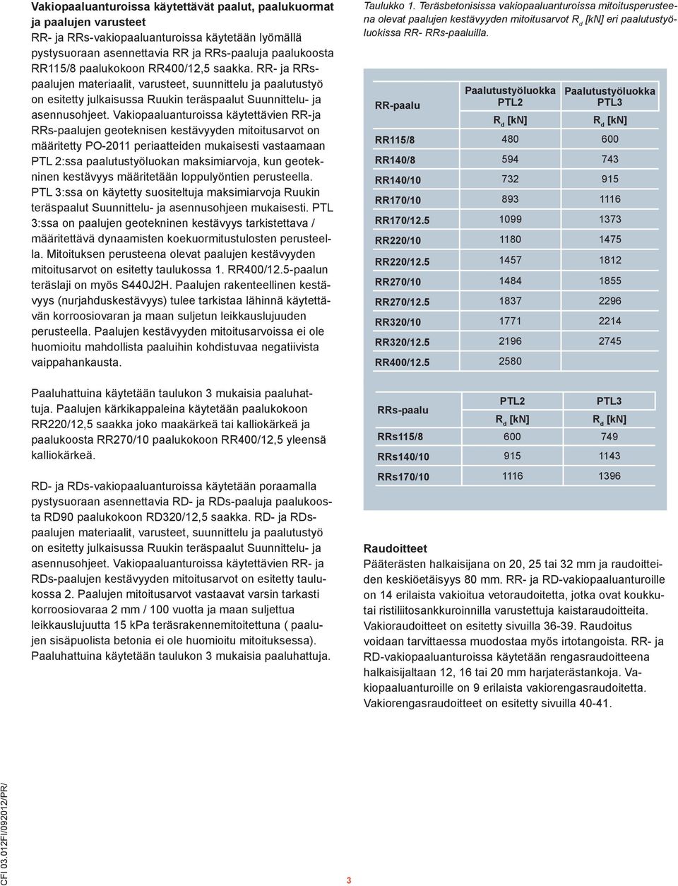 Vakiopaaluanturoissa käytettävien RR-ja RRs-paalujen geoteknisen kestävyyden mitoitusarvot on määritetty PO-211 periaatteiden mukaisesti vastaamaan PTL 2:ssa paalutustyöluokan maksimiarvoja, kun