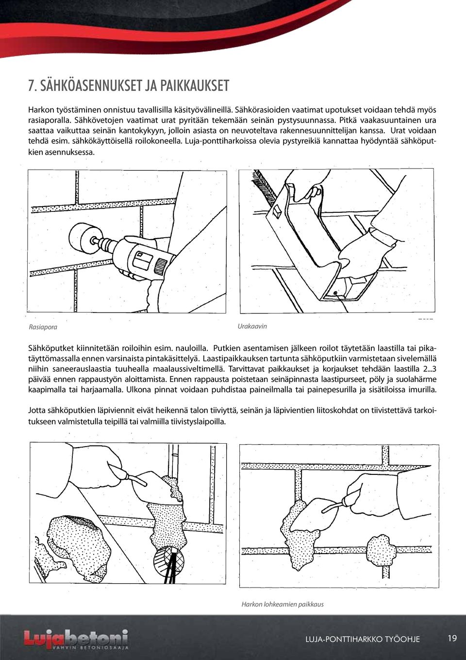 Urat voidaan tehdä esim. sähkökäyttöisellä roilokoneella. Luja-ponttiharkoissa olevia pystyreikiä kannattaa hyödyntää sähköputkien asennuksessa.