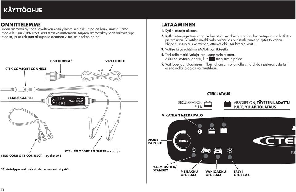 CTEK COMFORT CONNECT PISTOTULPPA* VIRTAJOHTO LATAAMINEN 1. Kytke lataaja akkuun. 2. Kytke lataaja pistorasiaan. Valmiustilan merkkivalo palaa, kun virtajohto on kytketty pistorasiaan.