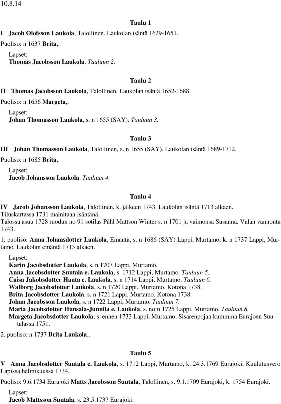 Puoliso: n 1685 Brita,. Jacob Johansson Laukola. Tauluun 4. Taulu 4 IV Jacob Johansson Laukola, Talollinen, k. jälkeen 1743. Laukolan isäntä 1713 alkaen. Tiluskartassa 1731 mainitaan isäntänä.