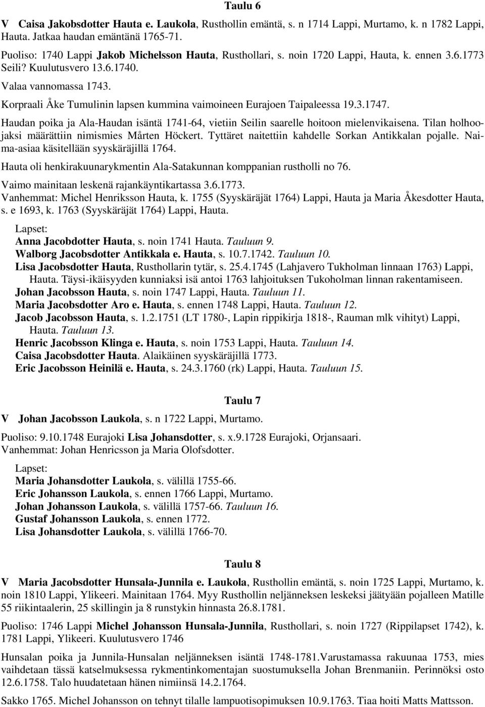 Korpraali Åke Tumulinin lapsen kummina vaimoineen Eurajoen Taipaleessa 19.3.1747. Haudan poika ja Ala-Haudan isäntä 1741-64, vietiin Seilin saarelle hoitoon mielenvikaisena.