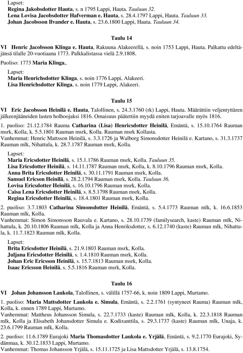 1808. Puoliso: 1773 Maria Klinga,. Maria Henrichsdotter Klinga, s. noin 1776 Lappi, Alakeeri. Lisa Henrichsdotter Klinga, s. noin 1779 Lappi, Alakeeri. Taulu 15 VI Eric Jacobsson Heinilä e.