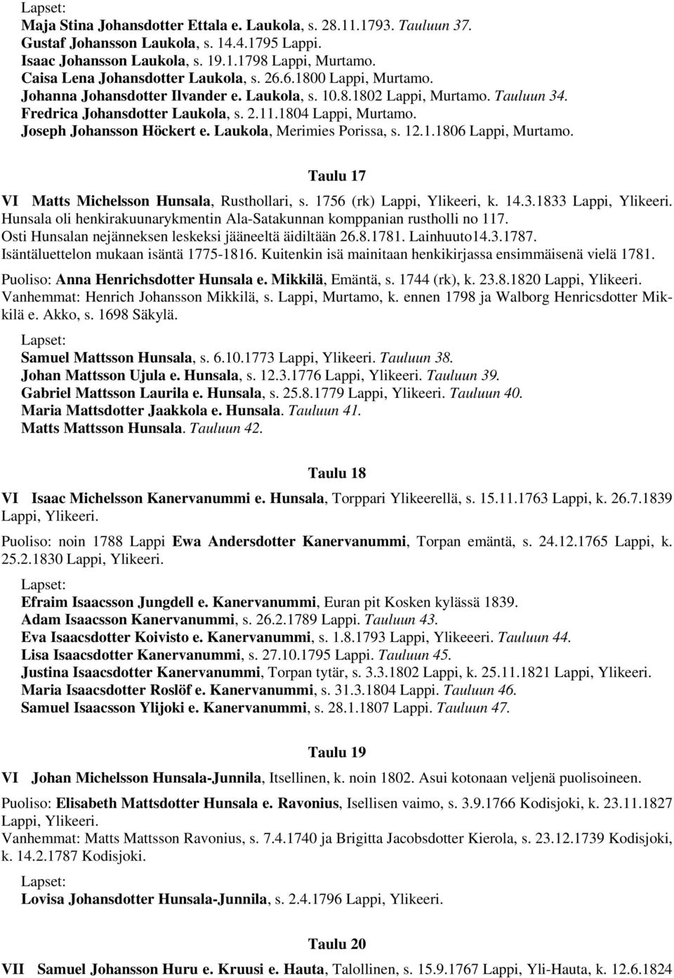 1804 Lappi, Murtamo. Joseph Johansson Höckert e. Laukola, Merimies Porissa, s. 12.1.1806 Lappi, Murtamo. Taulu 17 VI Matts Michelsson Hunsala, Rusthollari, s. 1756 (rk) Lappi, Ylikeeri, k. 14.3.