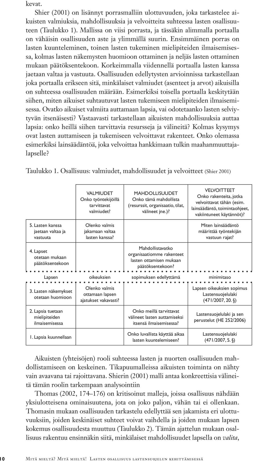 Ensimmäinen porras on lasten kuunteleminen, toinen lasten tukeminen mielipiteiden ilmaisemisessa, kolmas lasten näkemysten huomioon ottaminen ja neljäs lasten ottaminen mukaan päätöksentekoon.