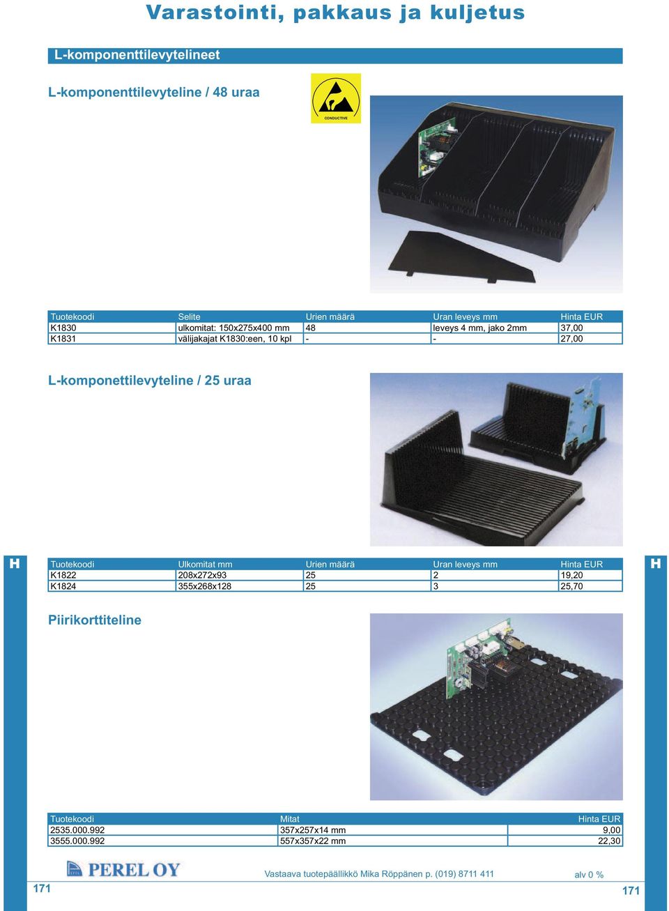 L-komponettilevyteline / 25 uraa Tuotekoodi Ulkomitat mm Urien määrä Uran leveys mm inta EUR K1822 208x272x93 25 2 19,20