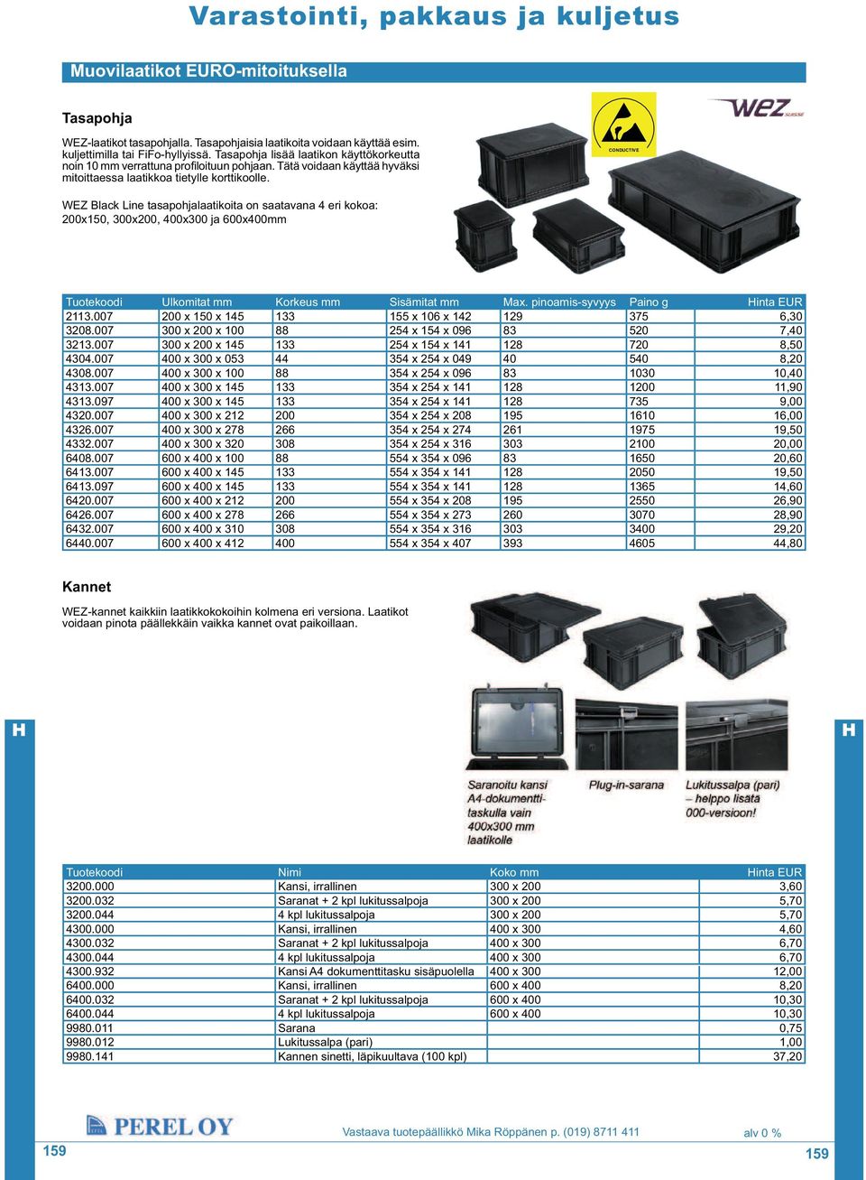 WEZ Black Line tasapohjalaatikoita on saatavana 4 eri kokoa: 200x150, 300x200, 400x300 ja 600x400mm Tuotekoodi Ulkomitat mm Korkeus mm Sisämitat mm Max. pinoamis-syvyys Paino g inta EUR 2113.