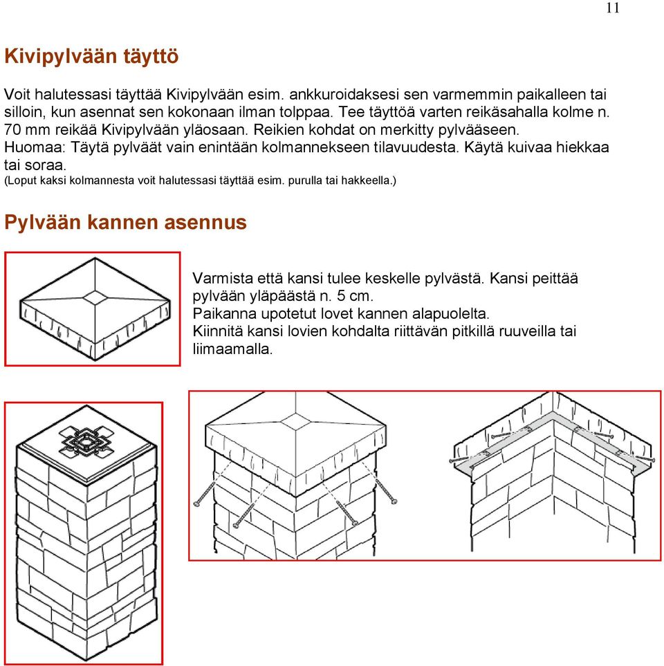 Huomaa: Täytä pylväät vain enintään kolmannekseen tilavuudesta. Käytä kuivaa hiekkaa tai soraa. (Loput kaksi kolmannesta voit halutessasi täyttää esim.