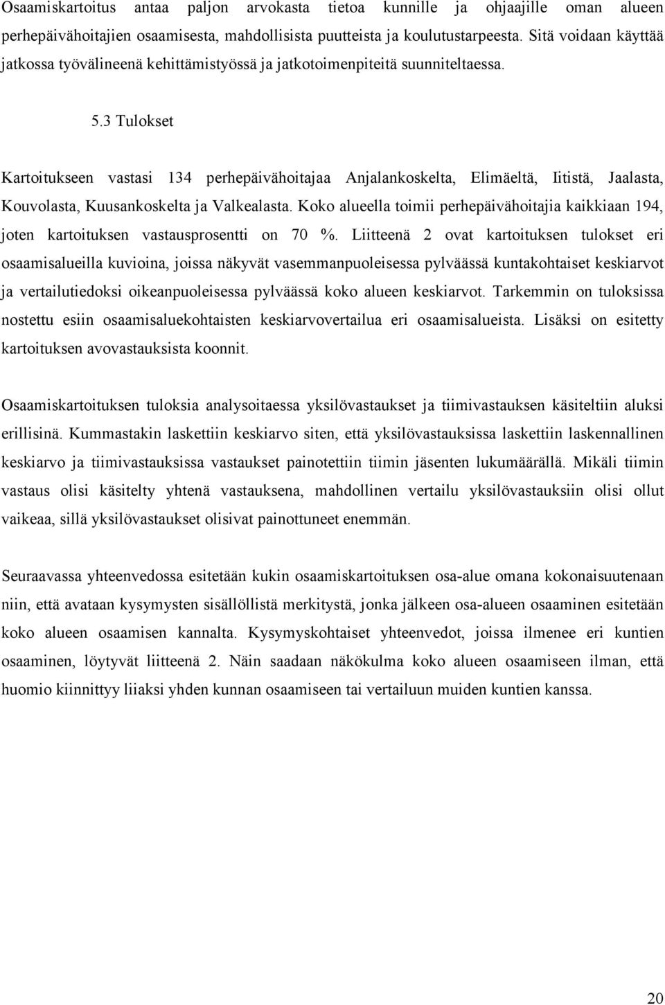 3 Tulokset Kartoitukseen vastasi 134 perhepäivähoitajaa Anjalankoskelta, Elimäeltä, Iitistä, Jaalasta, Kouvolasta, Kuusankoskelta ja Valkealasta.