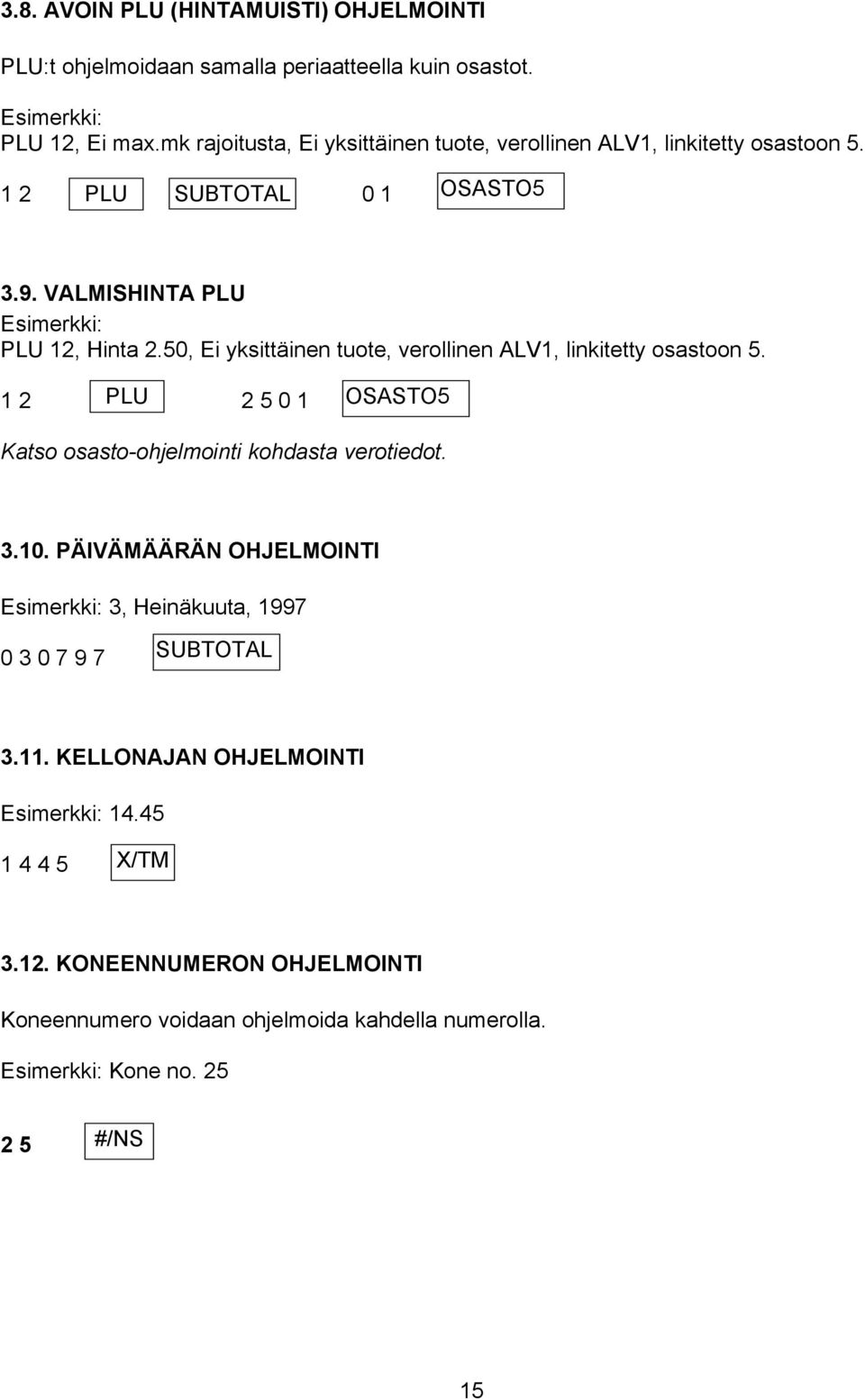 50, Ei yksittäinen tuote, verollinen ALV1, linkitetty osastoon 5. 1 2 PLU 2 5 0 1 OSASTO5 Katso osasto-ohjelmointi kohdasta verotiedot. 3.10.