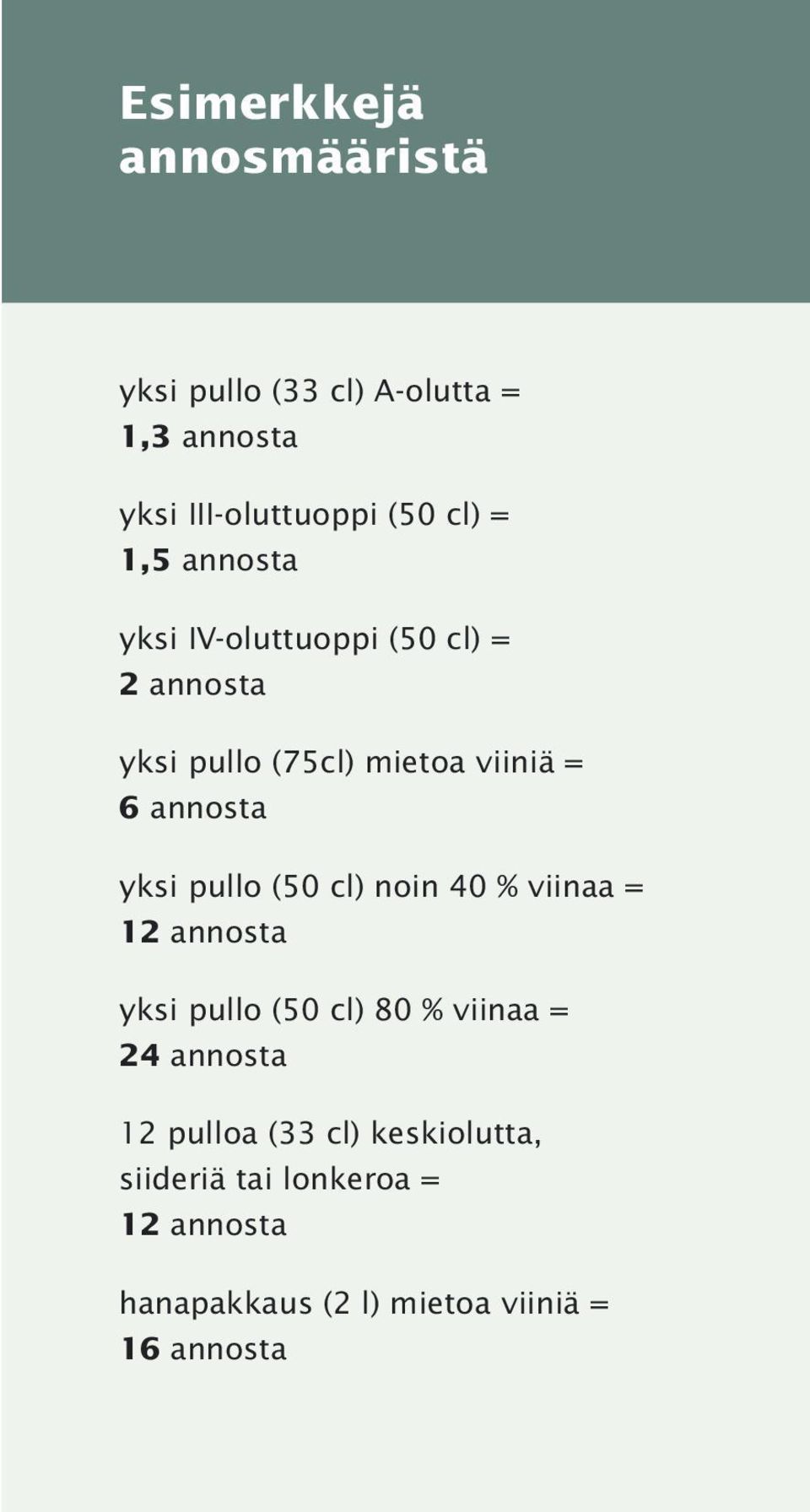 pullo (50 cl) noin 40 % viinaa = 12 annosta yksi pullo (50 cl) 80 % viinaa = 24 annosta 12 pulloa