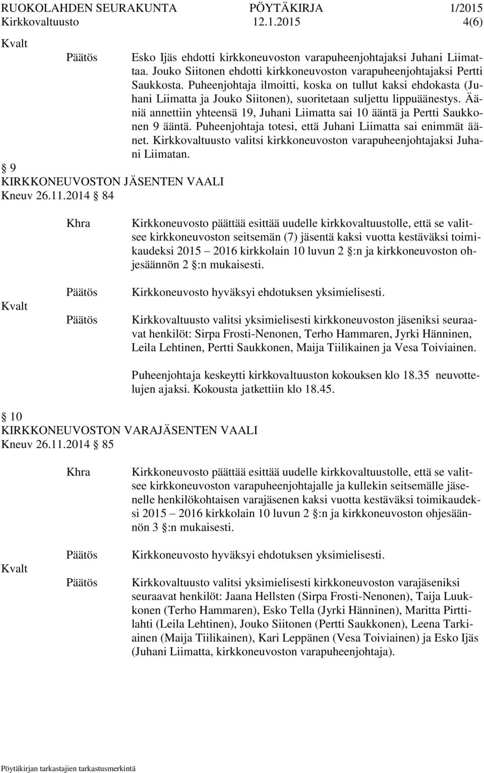 Ääniä annettiin yhteensä 19, Juhani Liimatta sai 10 ääntä ja Pertti Saukkonen 9 ääntä. Puheenjohtaja totesi, että Juhani Liimatta sai enimmät äänet.