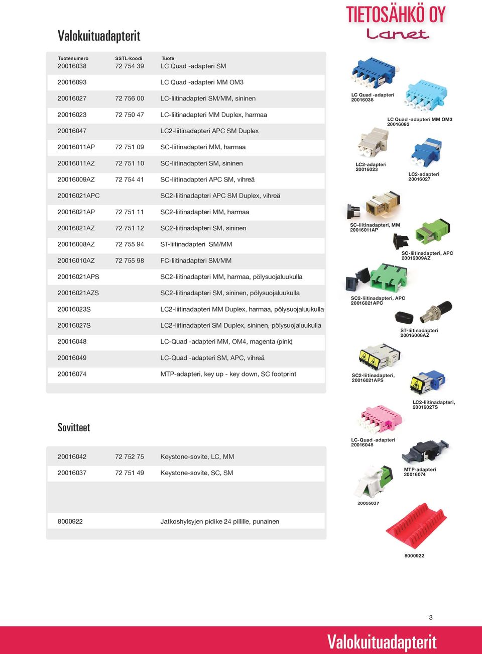 SC-liitinadapteri SM, sininen 20016009AZ 72 754 41 SC-liitinadapteri APC SM, vihreä LC2-adapteri 20016023 LC2-adapteri 20016027 20016021APC SC2-liitinadapteri APC SM Duplex, vihreä 20016021AP 72 751