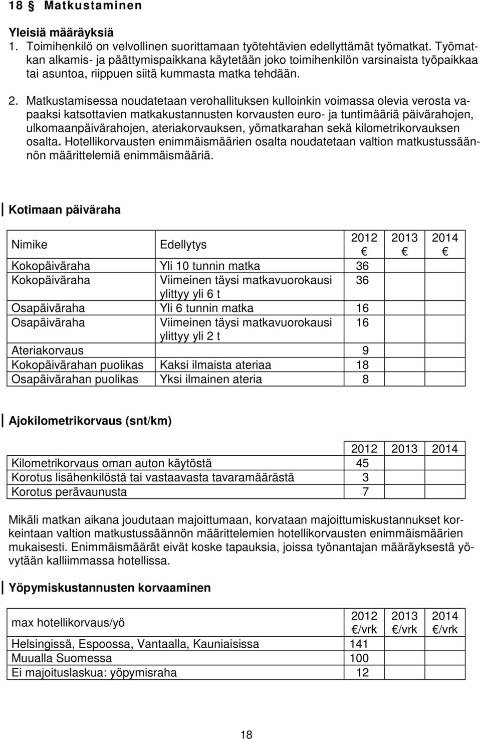Matkustamisessa noudatetaan verohallituksen kulloinkin voimassa olevia verosta vapaaksi katsottavien matkakustannusten korvausten euro- ja tuntimääriä päivärahojen, ulkomaanpäivärahojen,