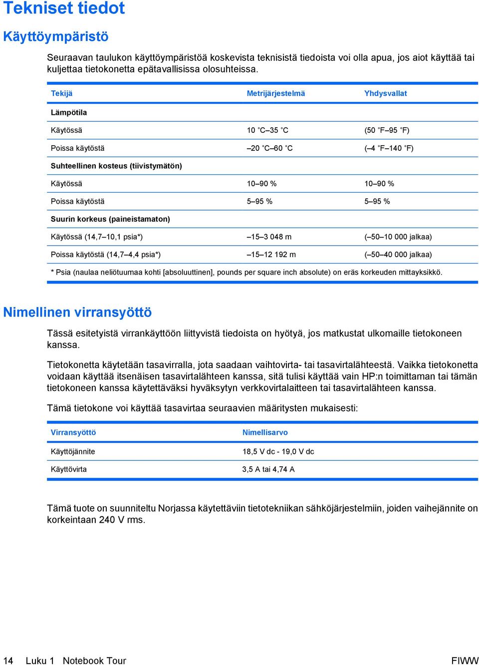 % 5 95 % Suurin korkeus (paineistamaton) Käytössä (14,7 10,1 psia*) 15 3 048 m ( 50 10 000 jalkaa) Poissa käytöstä (14,7 4,4 psia*) 15 12 192 m ( 50 40 000 jalkaa) * Psia (naulaa neliötuumaa kohti