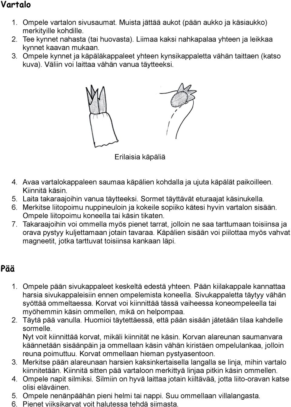 Erilaisia käpäliä 4. Avaa vartalokappaleen saumaa käpälien kohdalla ja ujuta käpälät paikoilleen. Kiinnitä käsin. 5. Laita takaraajoihin vanua täytteeksi. Sormet täyttävät eturaajat käsinukella. 6.