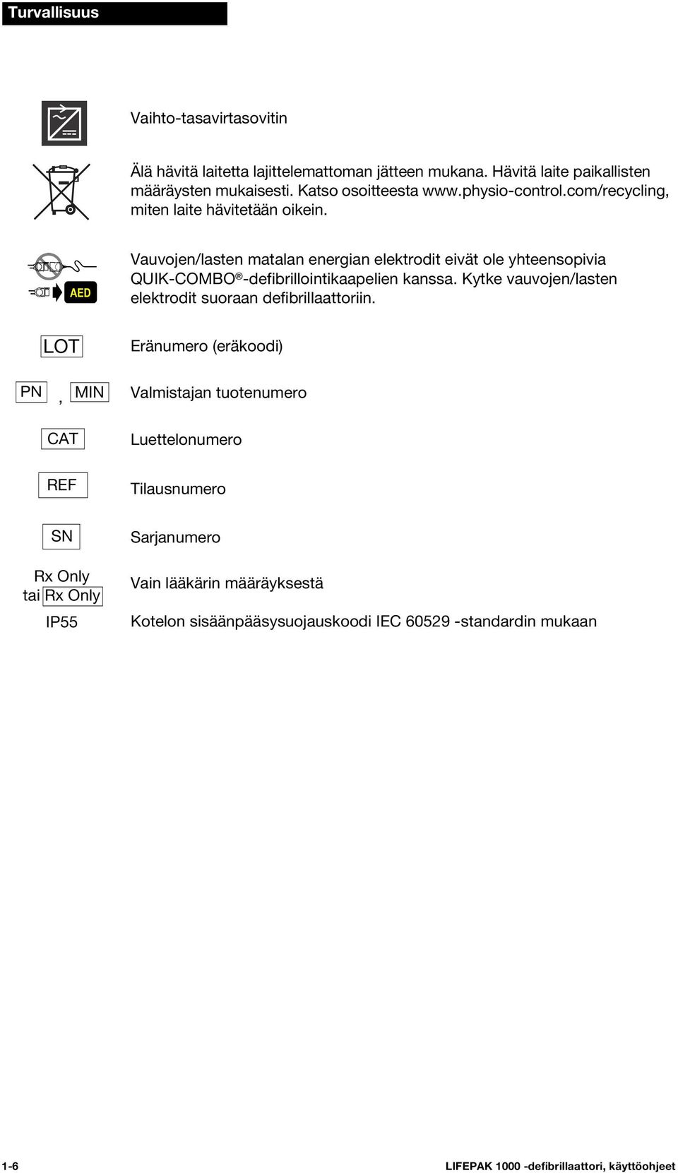 Vauvojen/lasten matalan energian elektrodit eivät ole yhteensopivia QUIK-COMBO -defibrillointikaapelien kanssa.